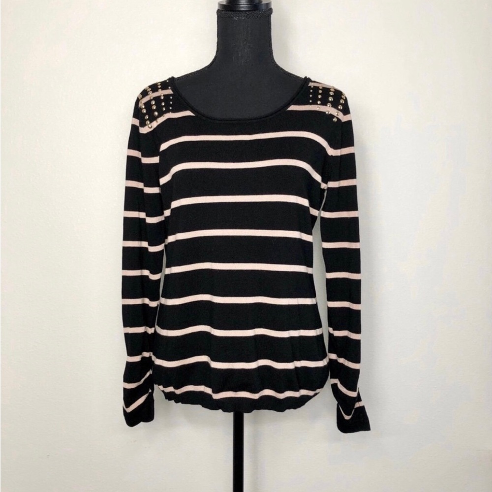 Questions Black & Tan Striped Lightweight Sweater w/Gold Shoulder Embellishment